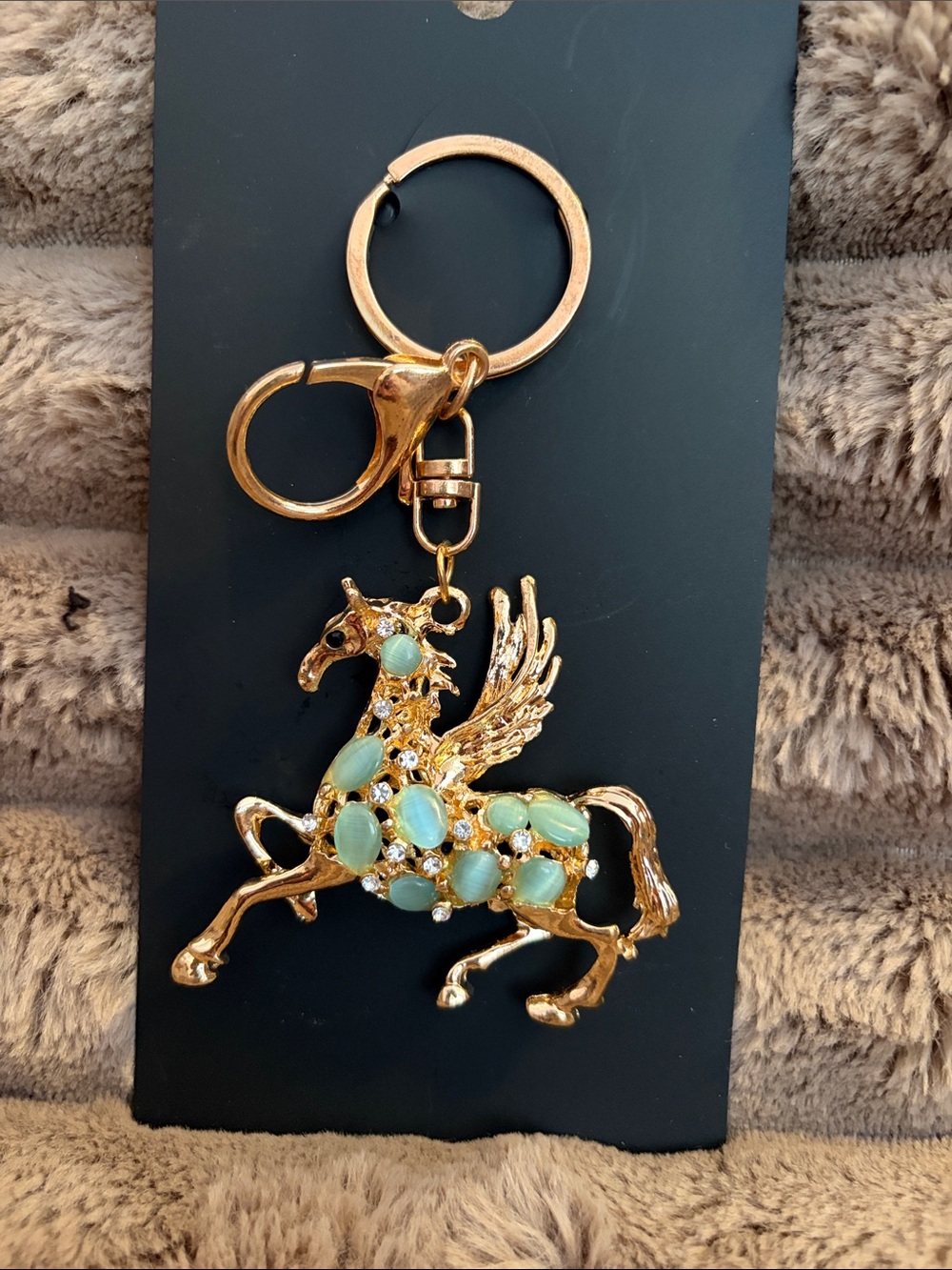 Gold Pegasus Keychain with Mint Green Stones